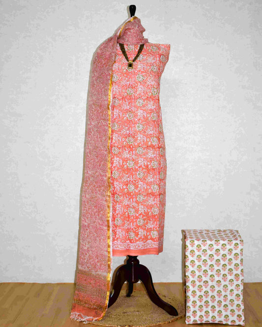 Peach All-over Floral Jaal Hand Block Printed Cotton Suit With Kota Doria Dupatta