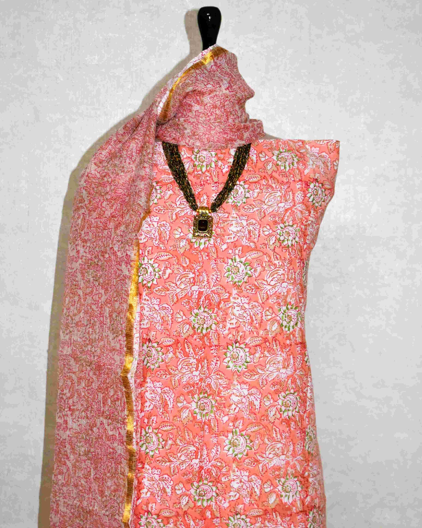 Peach All-over Floral Jaal Hand Block Printed Cotton Suit With Kota Doria Dupatta