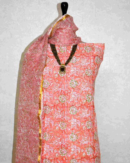 Peach All-over Floral Jaal Hand Block Printed Cotton Suit With Kota Doria Dupatta