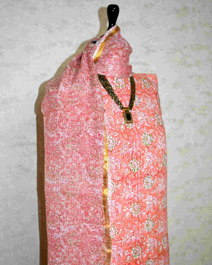 Peach All-over Floral Jaal Hand Block Printed Cotton Suit With Kota Doria Dupatta