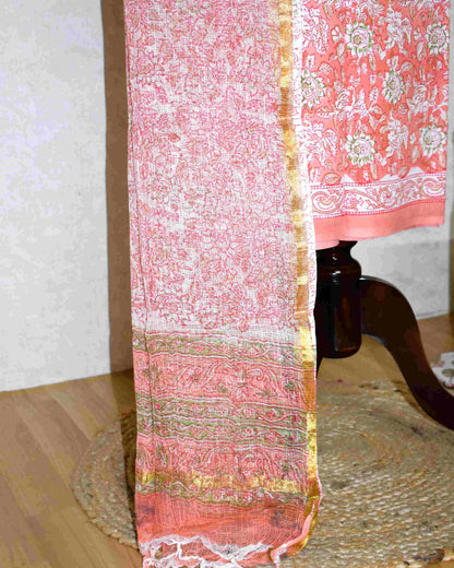 Peach All-over Floral Jaal Hand Block Printed Cotton Suit With Kota Doria Dupatta