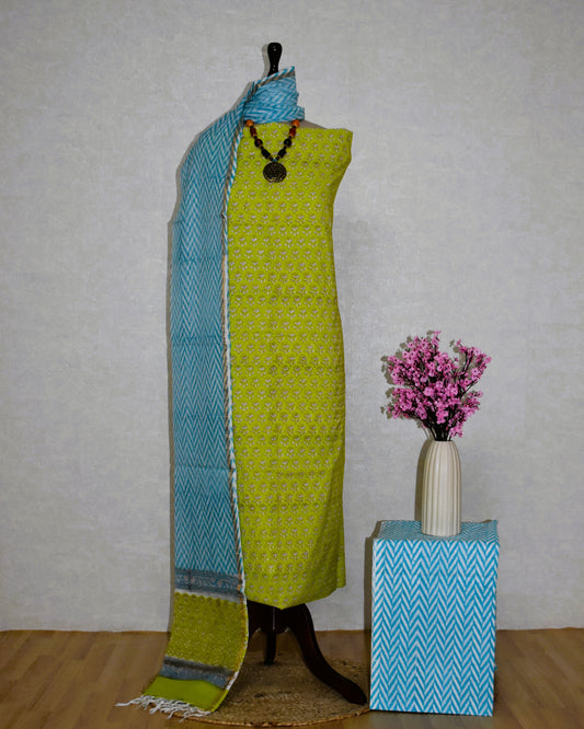 Lime Green Hand Block Printed Cotton Suit With Kota Doria  Dupatta
