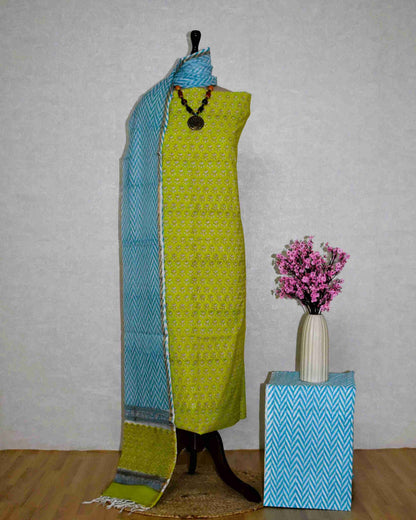Hand Block Printed Cotton Suit With Kota Doria Dupatta