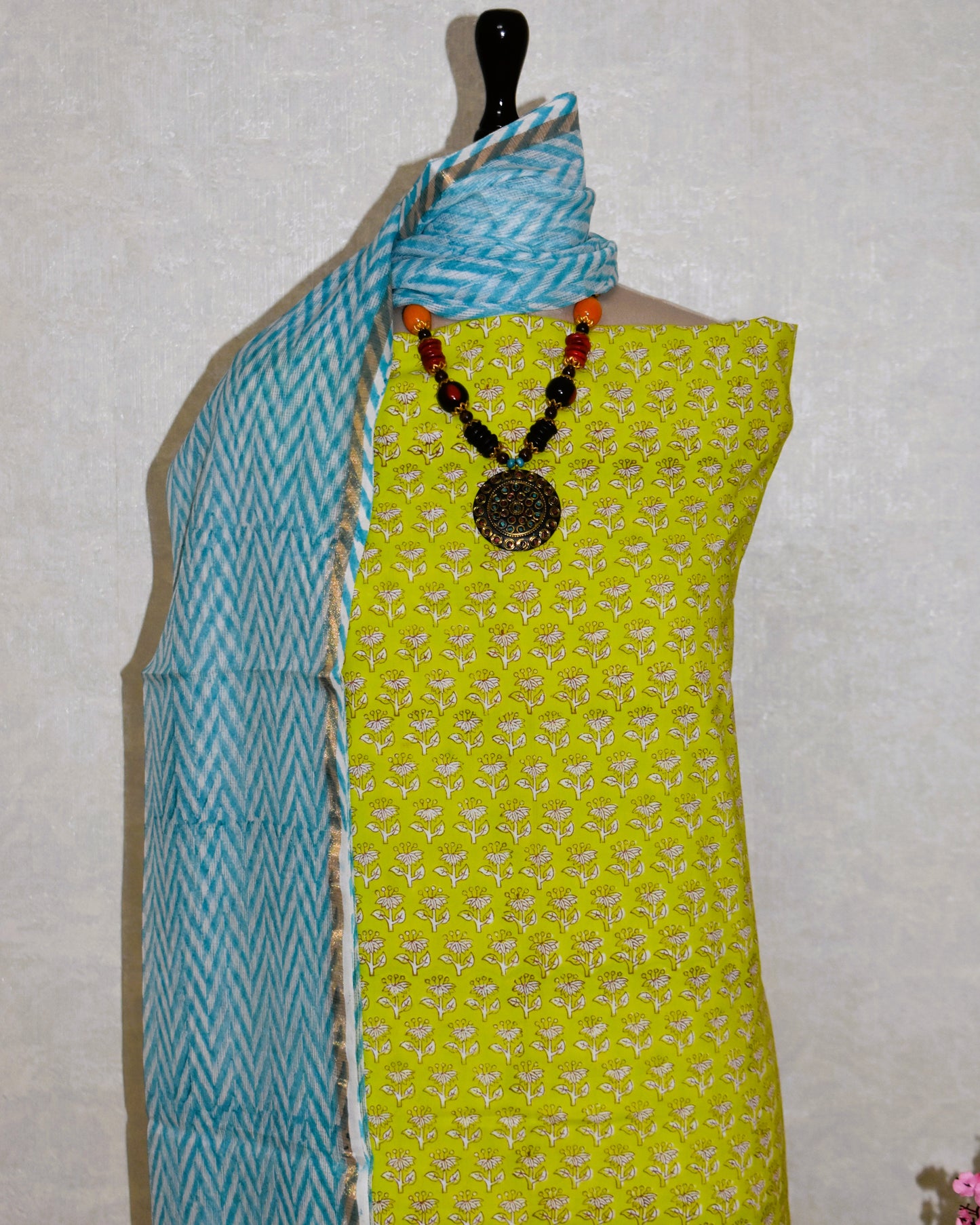 Lime Green Hand Block Printed Cotton Suit With Kota Doria  Dupatta