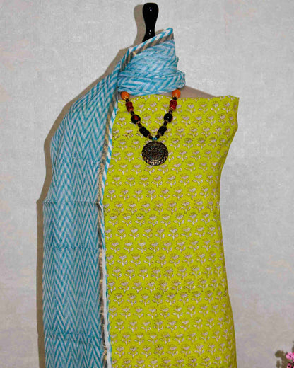 Hand Block Printed Cotton Suit With Kota Doria Dupatta