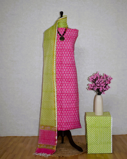 Candy Pink Hand Block Printed Cotton Suit With Kota Doria  Dupatta