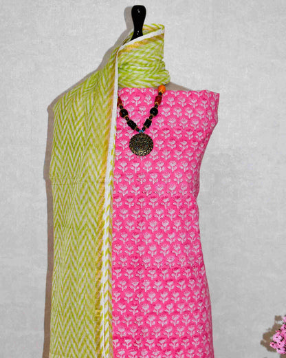 Bright Pink Hand Block Printed Cotton Suit With Kota Doria Dupatta