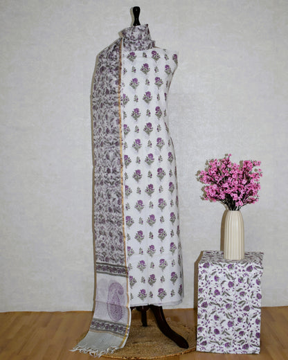 Purple Floral Hand Block Printed Cotton Suit With Kota Doria  Dupatta