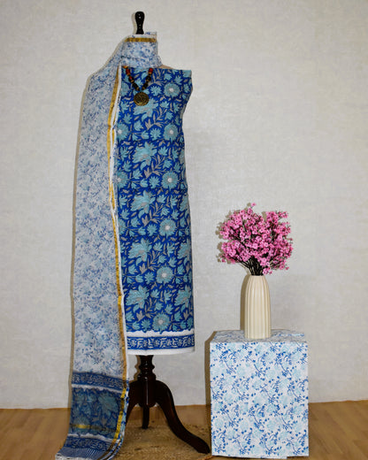 Ink Blue Floral Hand Block Printed Cotton Suit With Kota Doria  Dupatta