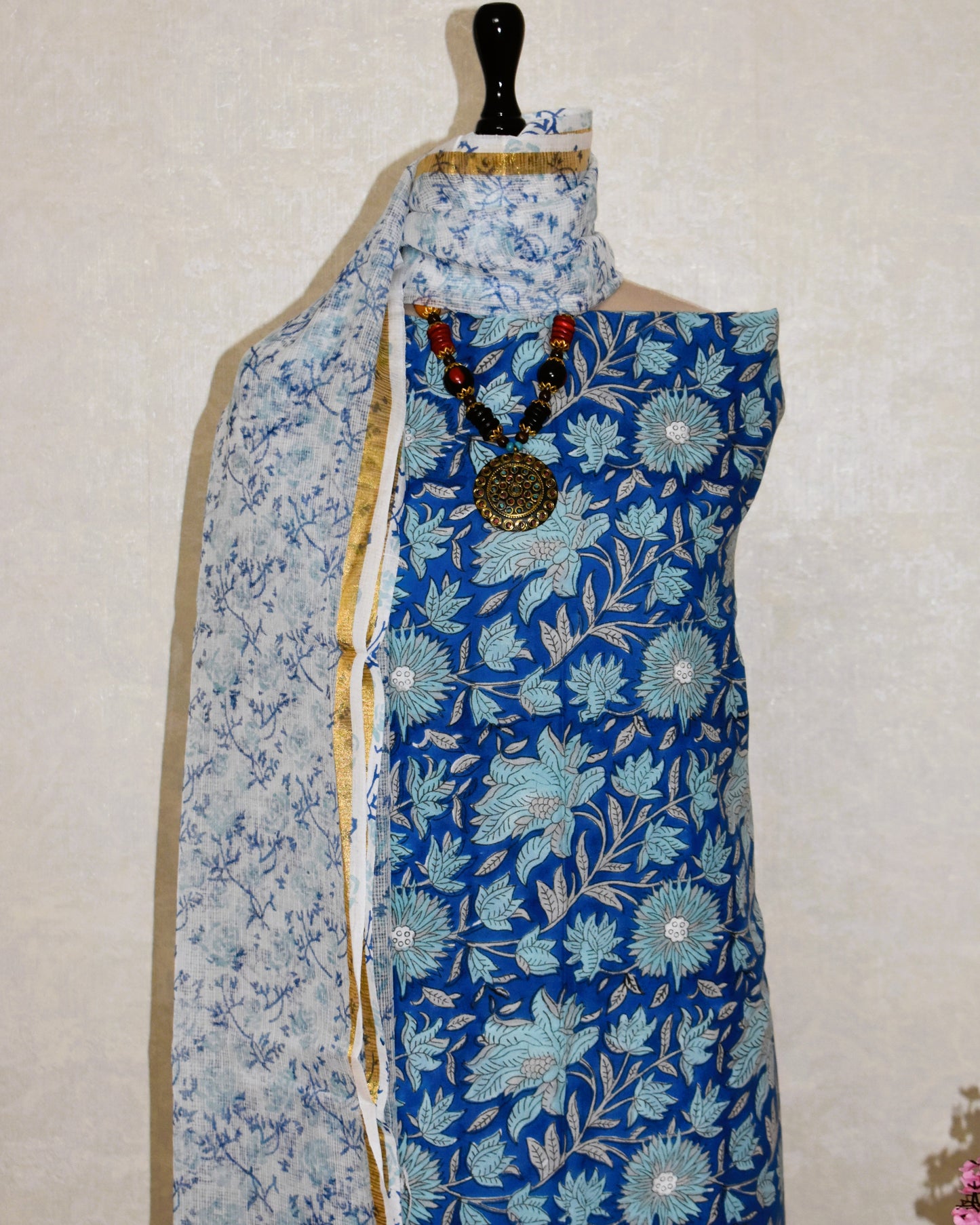 Ink Blue Floral Hand Block Printed Cotton Suit With Kota Doria  Dupatta