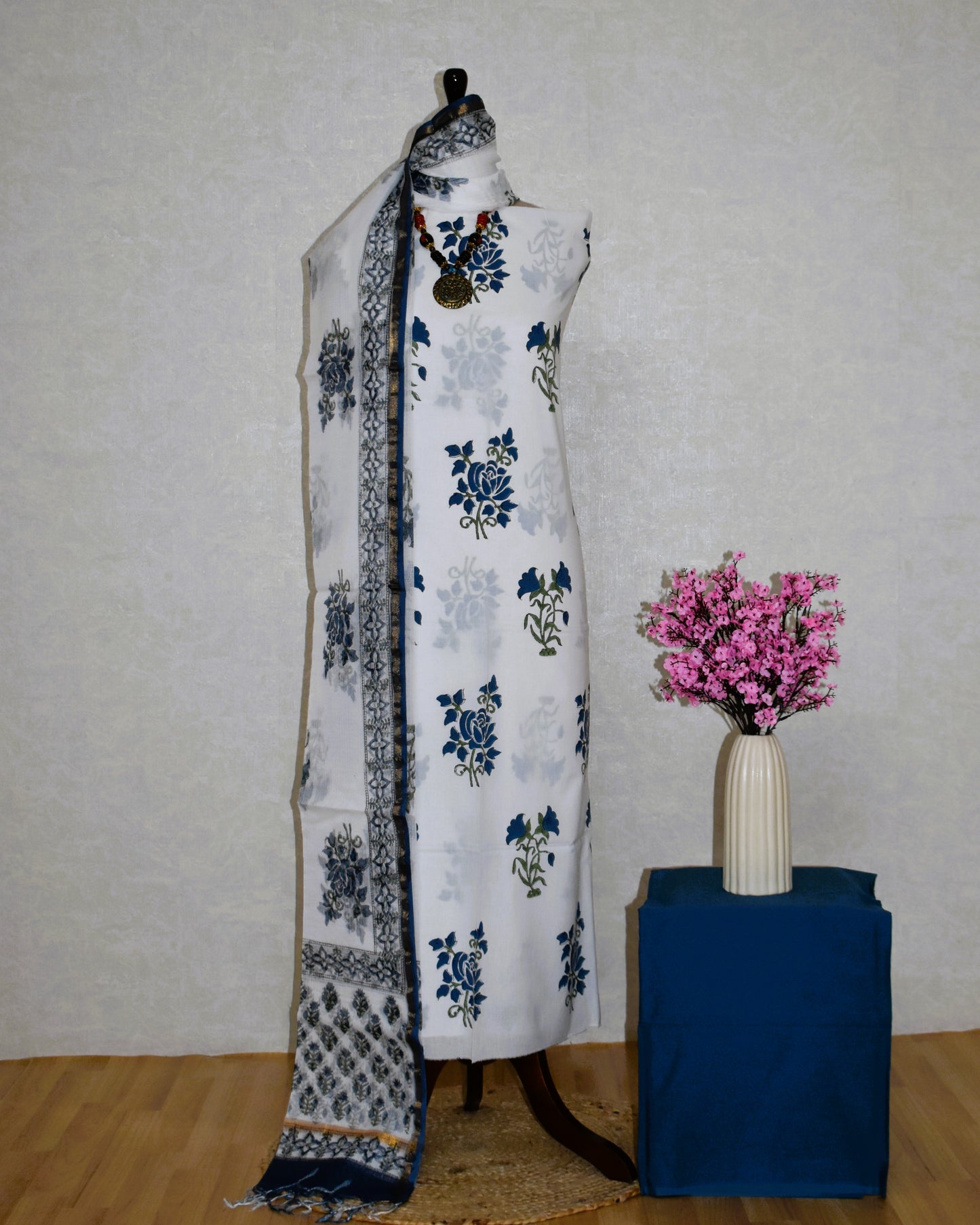 Blue Floral Hand Block Printed Cotton Suit With Kota Doria Dupatta