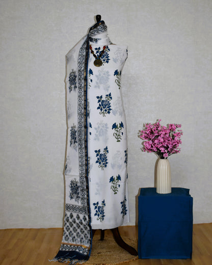 Blue Floral Hand Block Printed Cotton Suit With Kota Doria Dupatta
