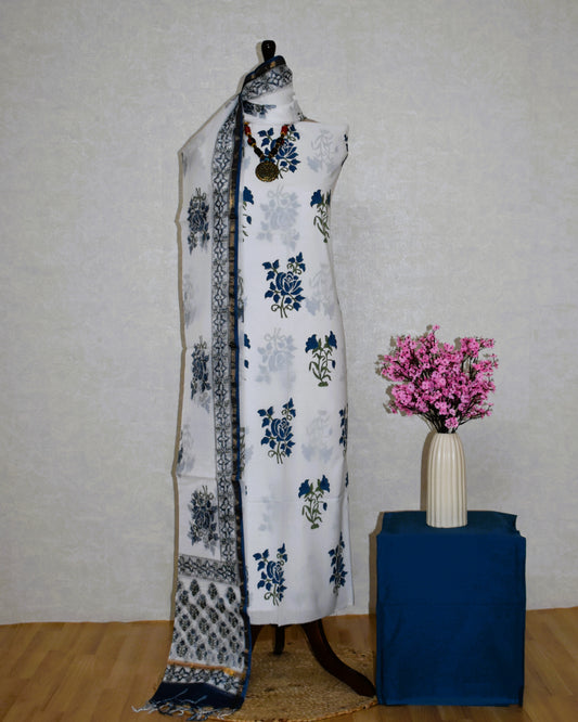 Blue Floral Hand Block Printed Cotton Suit With Kota Doria  Dupatta