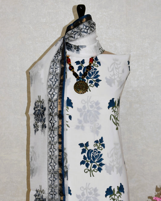 Blue Floral Hand Block Printed Cotton Suit With Kota Doria  Dupatta