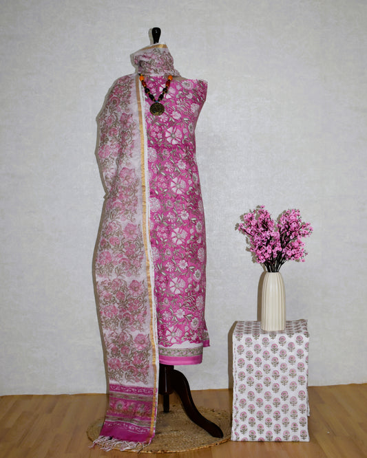Hand Block Printed Cotton Suit With All-over jaal and Kota Doria Dupatta