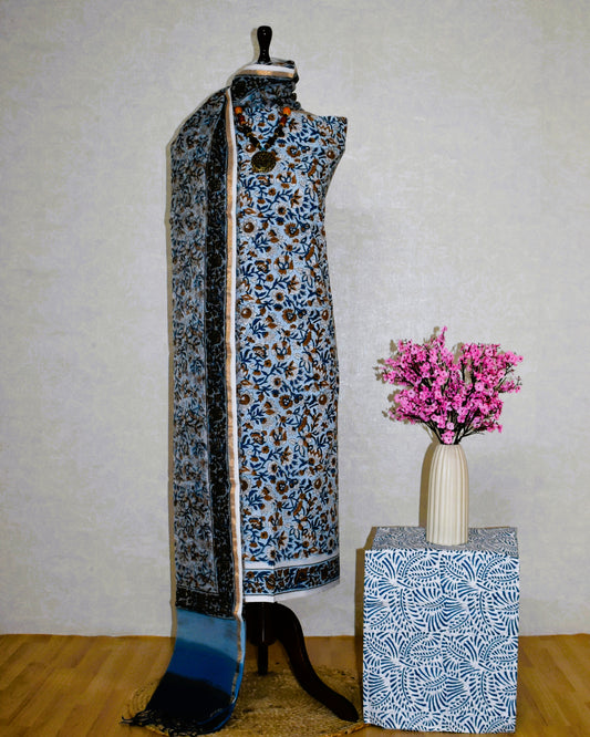 Hand Block Printed Cotton Suit With All-over jaal and Kota Doria Dupatta