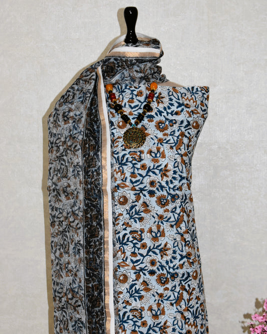 Hand Block Printed Cotton Suit With All-over jaal and Kota Doria Dupatta