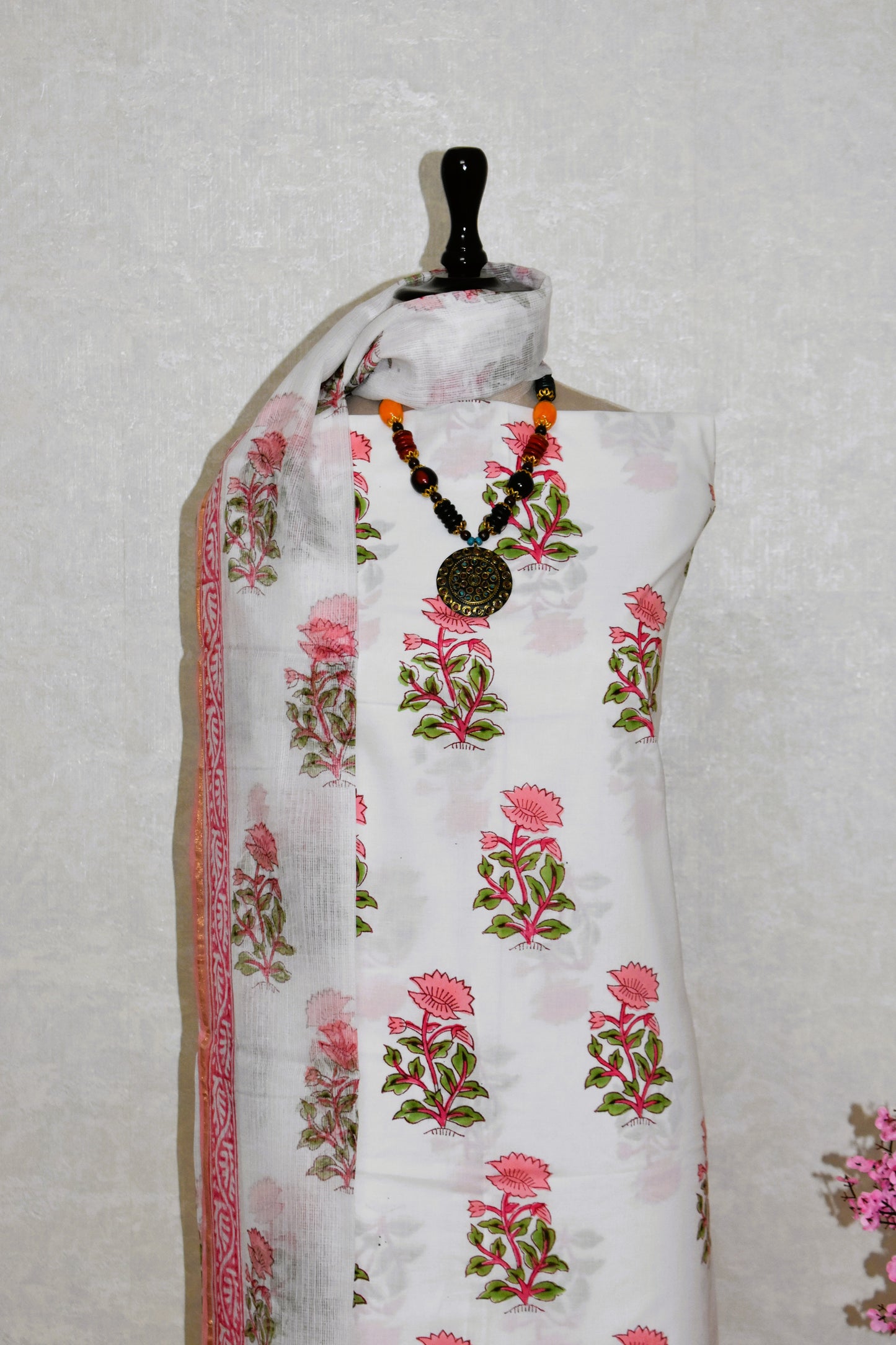 Pink Floral Hand Block Printed Cotton Suit With Kota Doria  Dupatta