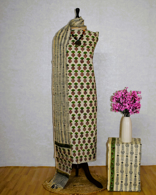 Hand Block Printed Cotton Suit With All-over Buti and Kota Doria Dupatta