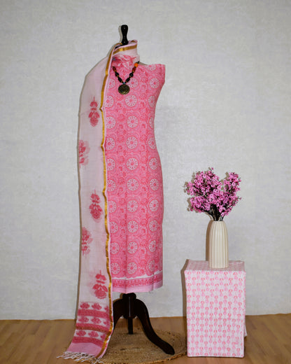 Hand Block Printed Cotton Suit With Surajmukhi design and Kota Doria Dupatta