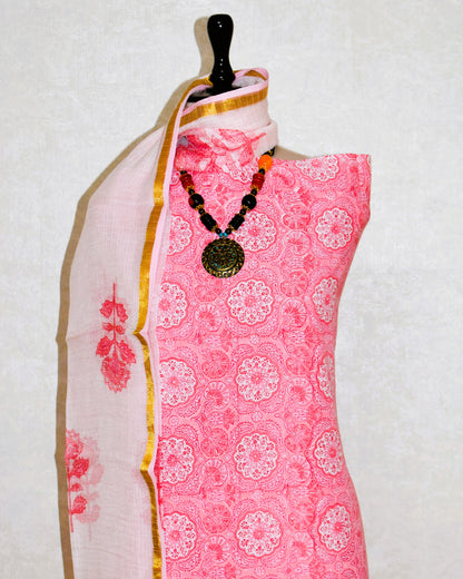 Hand Block Printed Cotton Suit With Surajmukhi design and Kota Doria Dupatta