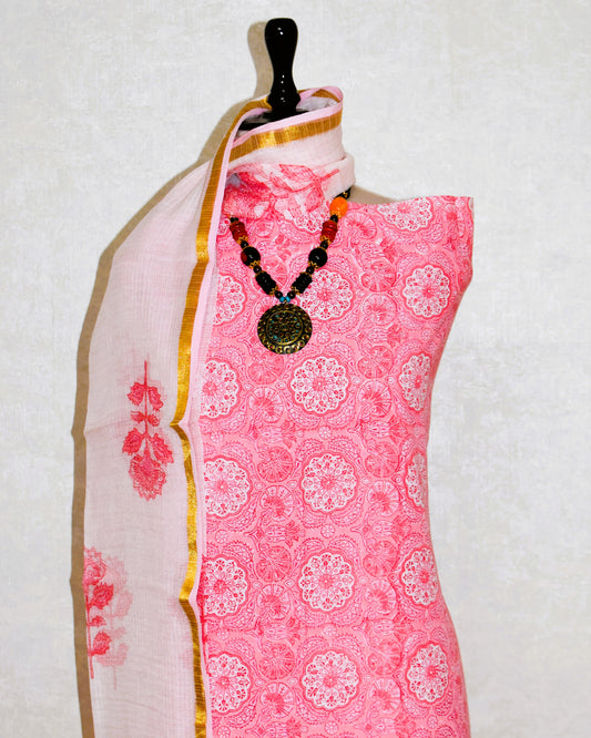 Hand Block Printed Cotton Suit With Surajmukhi design and Kota Doria Dupatta