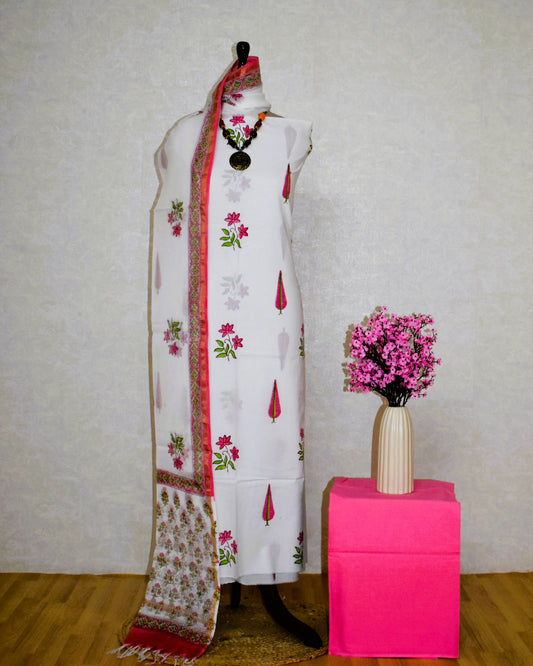 Hand Block Printed Cotton Suit With Buti and Kota Doria Dupatta