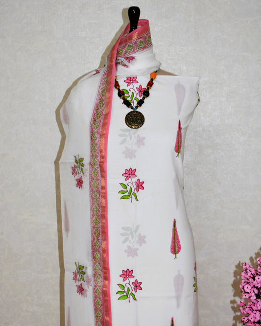 Hand Block Printed Cotton Suit With Buti and Kota Doria Dupatta