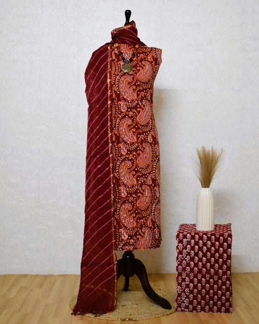 Red Paisley Hand Block Printed Cotton Suit with Kota Doria Leheriya Dupatta