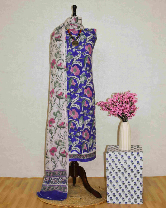Pink on Purple Floral Hand Block Printed Cotton Suit with Malmal Dupatta