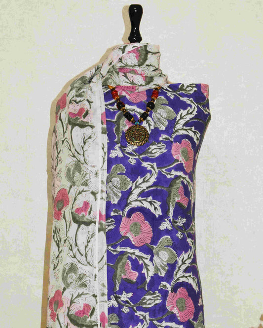 Pink on Purple Floral Hand Block Printed Cotton Suit with Malmal Dupatta