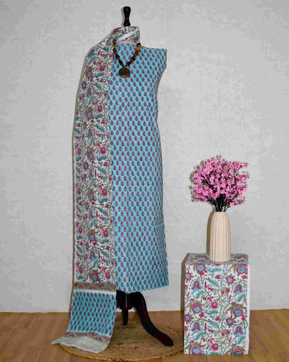 Pink Small All-over Floral Buti Cotton Suit with Malmal dupatta