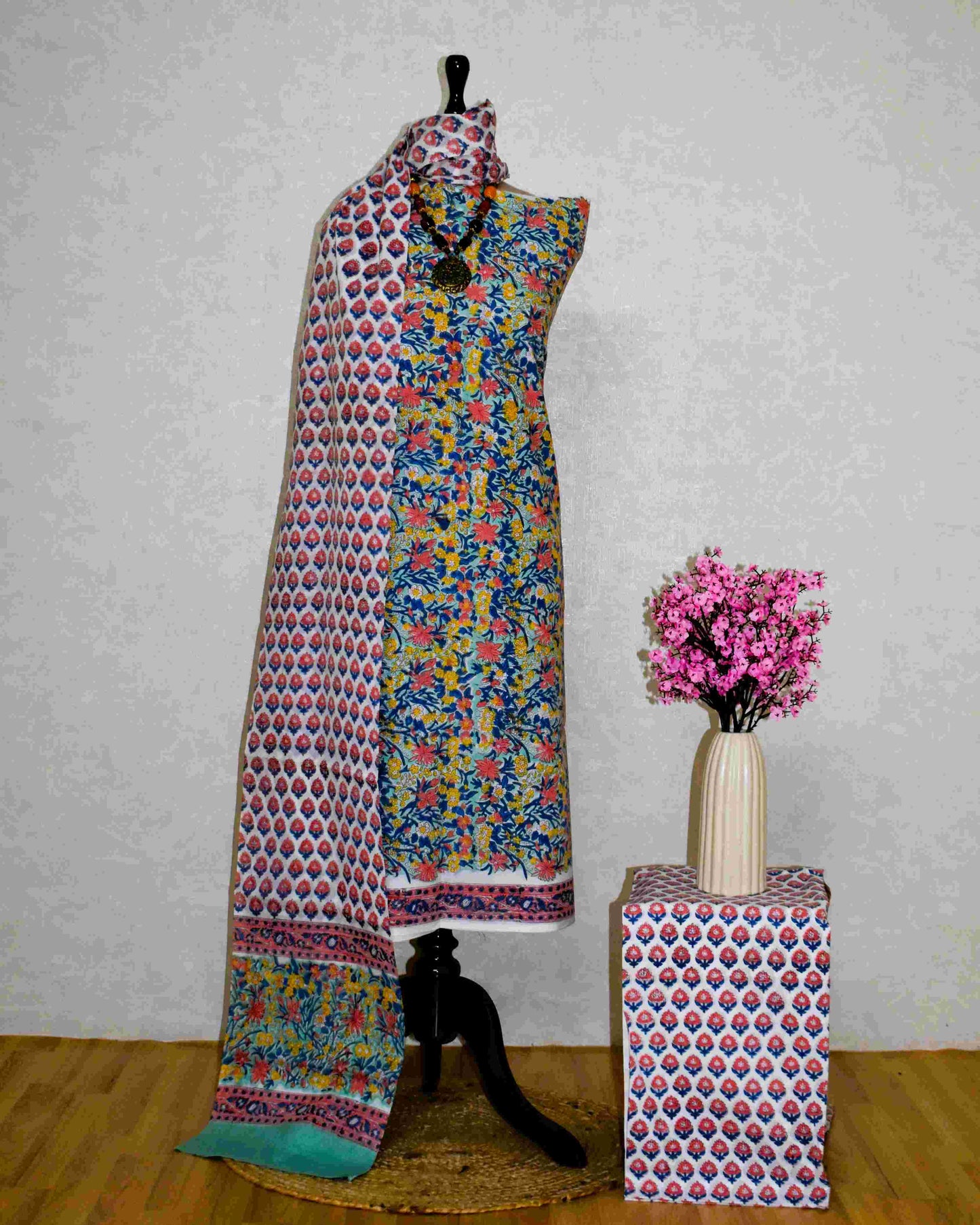 Multicolour Floral All-over Hand Block Printed Cotton Suit with Malmal Dupatta