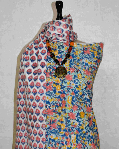 Multicolour Floral All-over Hand Block Printed Cotton Suit with Malmal Dupatta