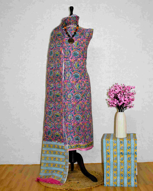 Pink All-over Floral Hand Block Printed Cotton Suit with Malmal Dupatta