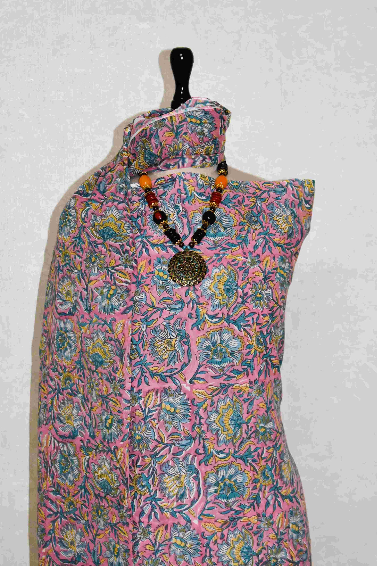 Pink All-over Floral Hand Block Printed Cotton Suit with Malmal Dupatta