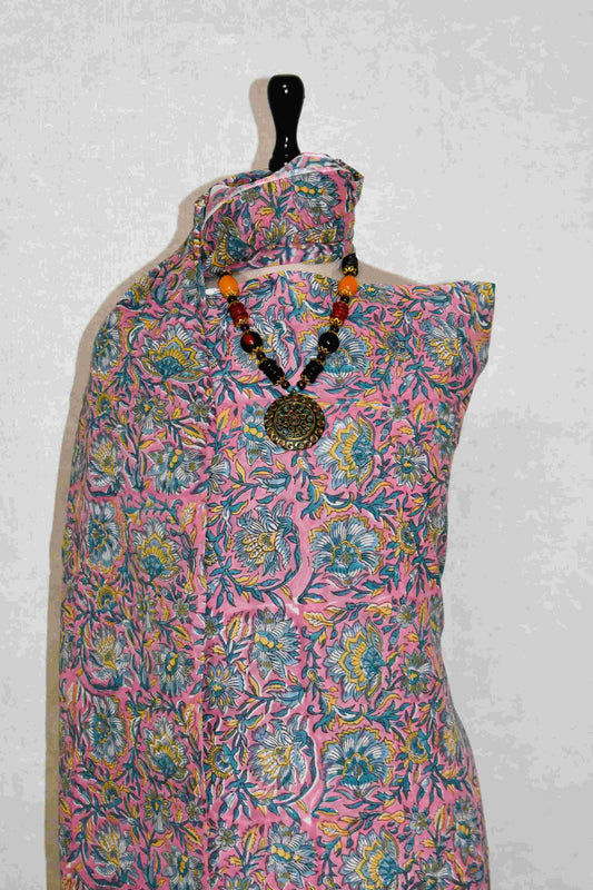 Pink All-over Floral Hand Block Printed Cotton Suit with Malmal Dupatta