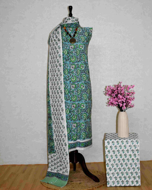 Blue-Green Floral Hand Block Printed Cotton Suit with Malmal Dupatta