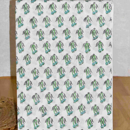 Blue-Green Floral Hand Block Printed Cotton Suit with Malmal Dupatta