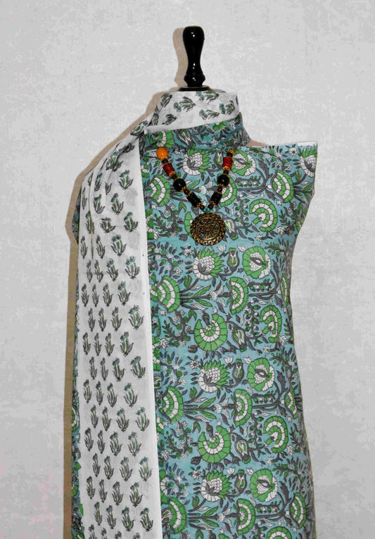 Blue-Green Floral Hand Block Printed Cotton Suit with Malmal Dupatta