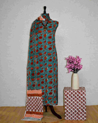 All-over Floral Hand Block Printed Cotton Suit with Malmal Dupatta