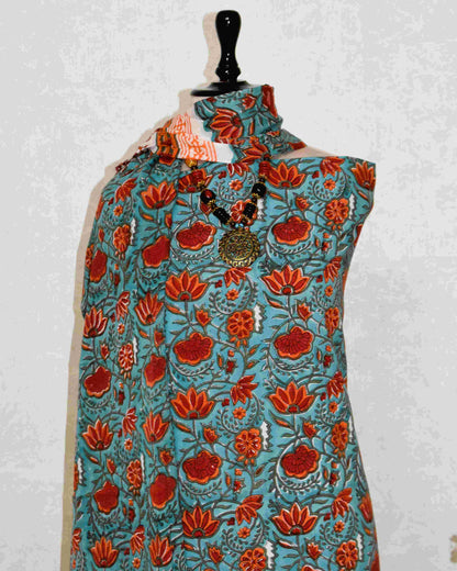 All-over Floral Hand Block Printed Cotton Suit with Malmal Dupatta