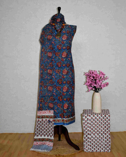 Ink Blue All-over Floral Hand Block Printed Cotton Suit with Malmal Dupatta