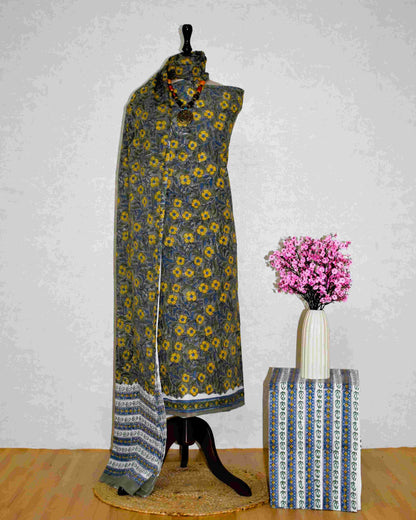 All-over Floral Hand Block Printed Cotton Suit with Malmal Dupatta