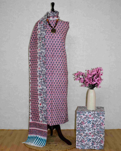 Pink All-over Small Buti Hand Block Printed Cotton Suit with Malmal Dupatta