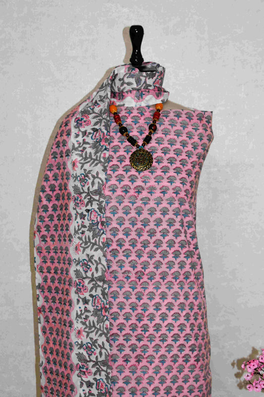 Pink All-over Small Buti Hand Block Printed Cotton Suit with Malmal Dupatta
