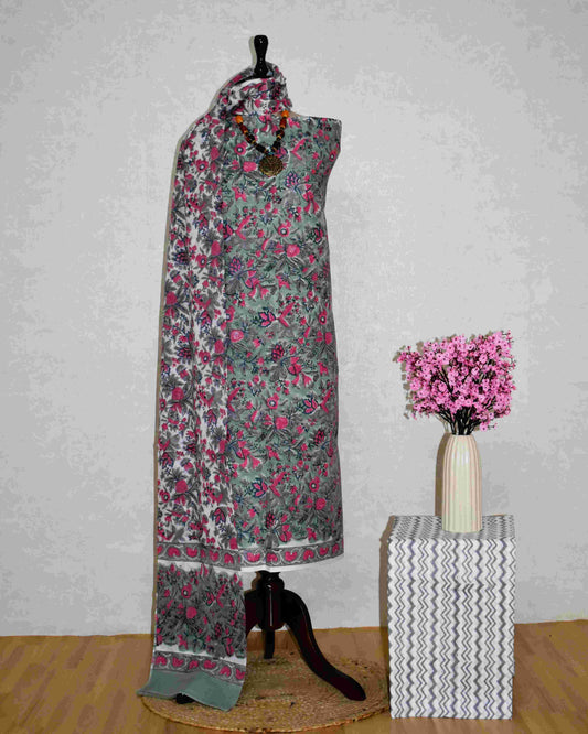 All-over Floral Hand Block Printed Cotton Suit with Malmal Dupatta