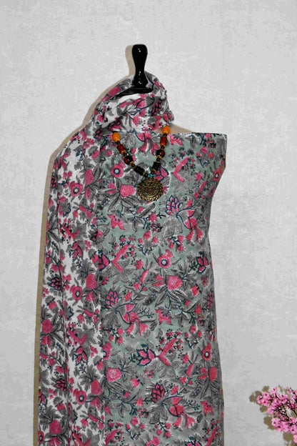 All-over Floral Hand Block Printed Cotton Suit with Malmal Dupatta