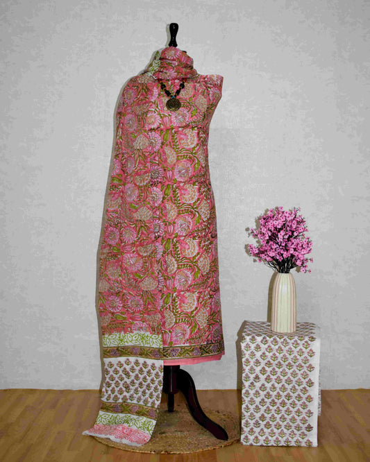 All-over Floral Hand Block Printed Cotton Suit with Malmal Dupatta