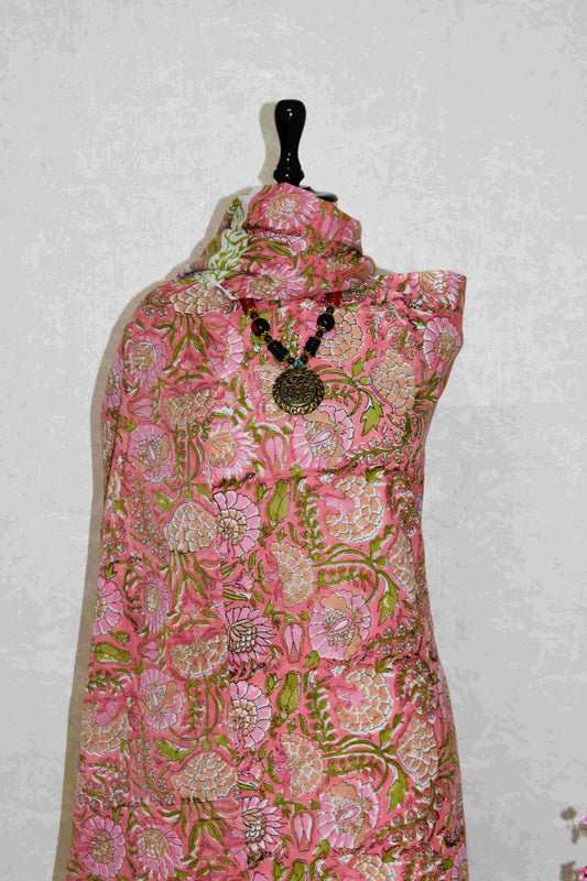 All-over Floral Hand Block Printed Cotton Suit with Malmal Dupatta
